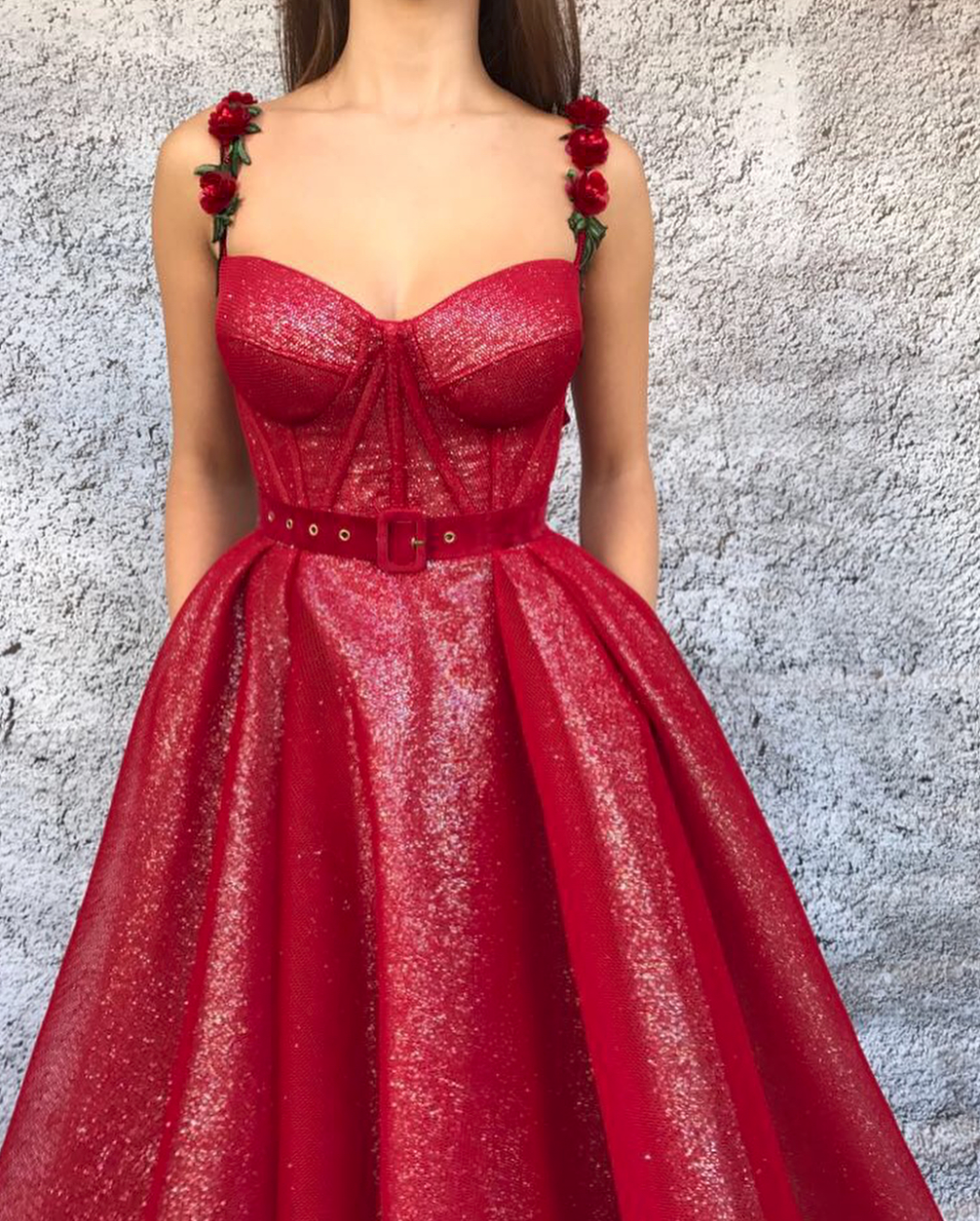 Red A-Line dress with spaghetti straps and embroidery