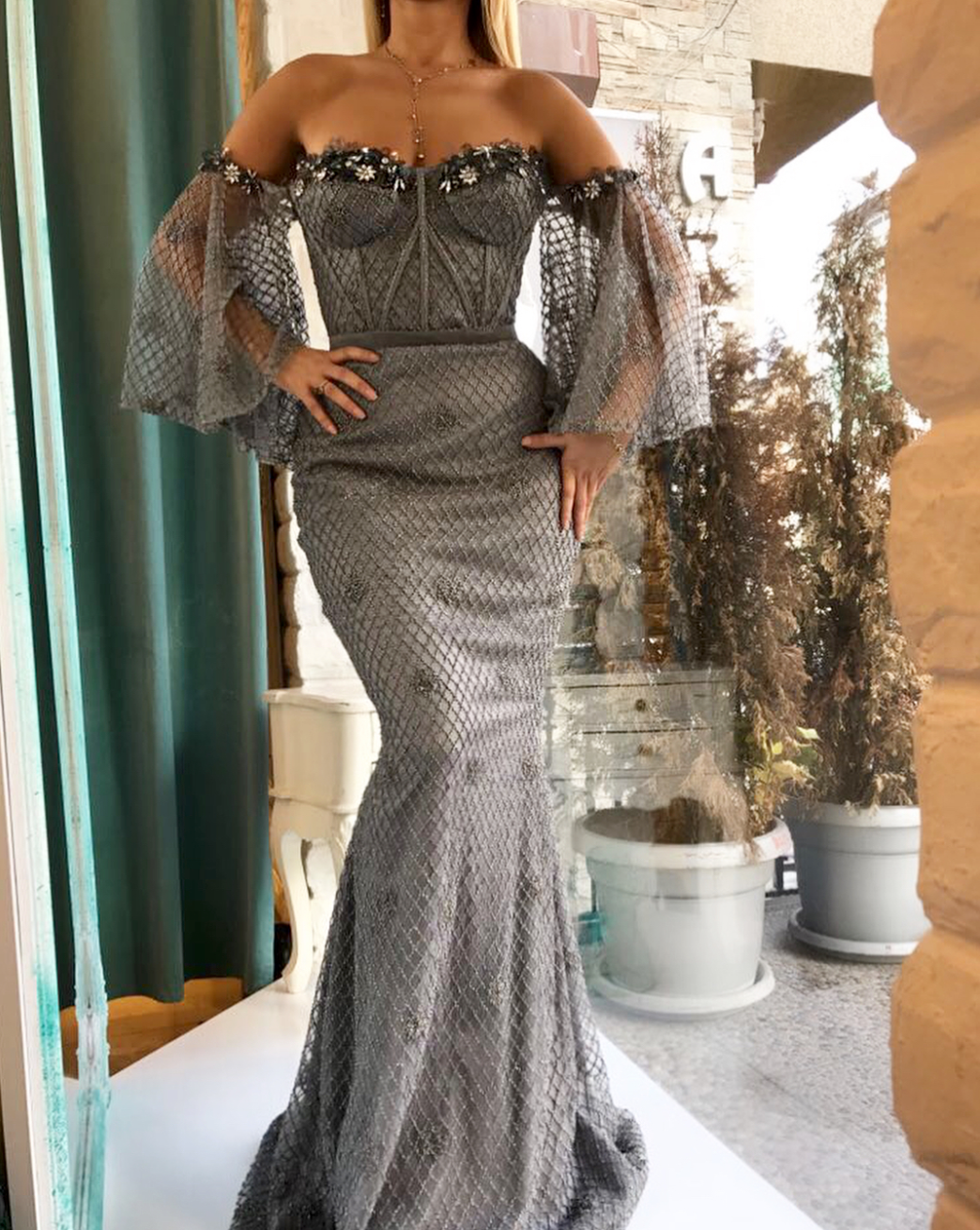 Grey mermaid dress with embroidery and off the shoulder sleeves