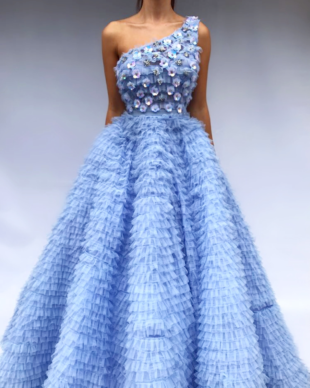 Blue A-Line dress with one shoulder sleeve, ruffles and embroidery