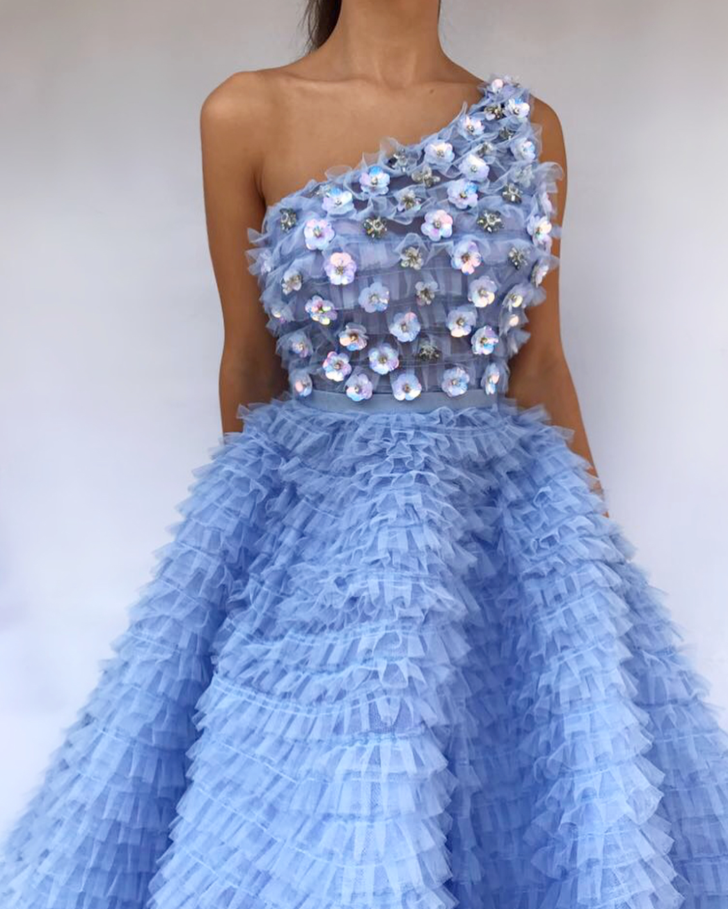 Blue A-Line dress with one shoulder sleeve, ruffles and embroidery