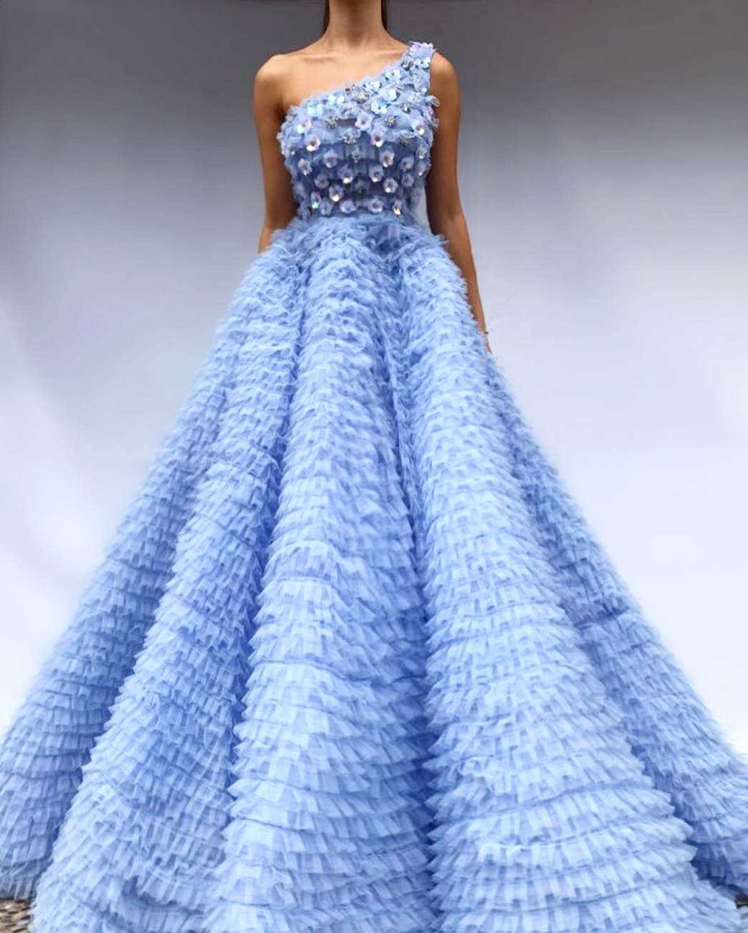 Blue A-Line dress with one shoulder sleeve, ruffles and embroidery