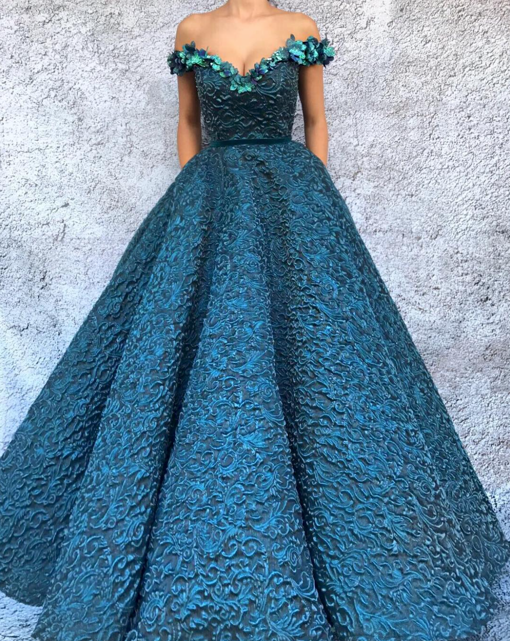 Blue A-Line dress with off the shoulder sleeves and embroidery