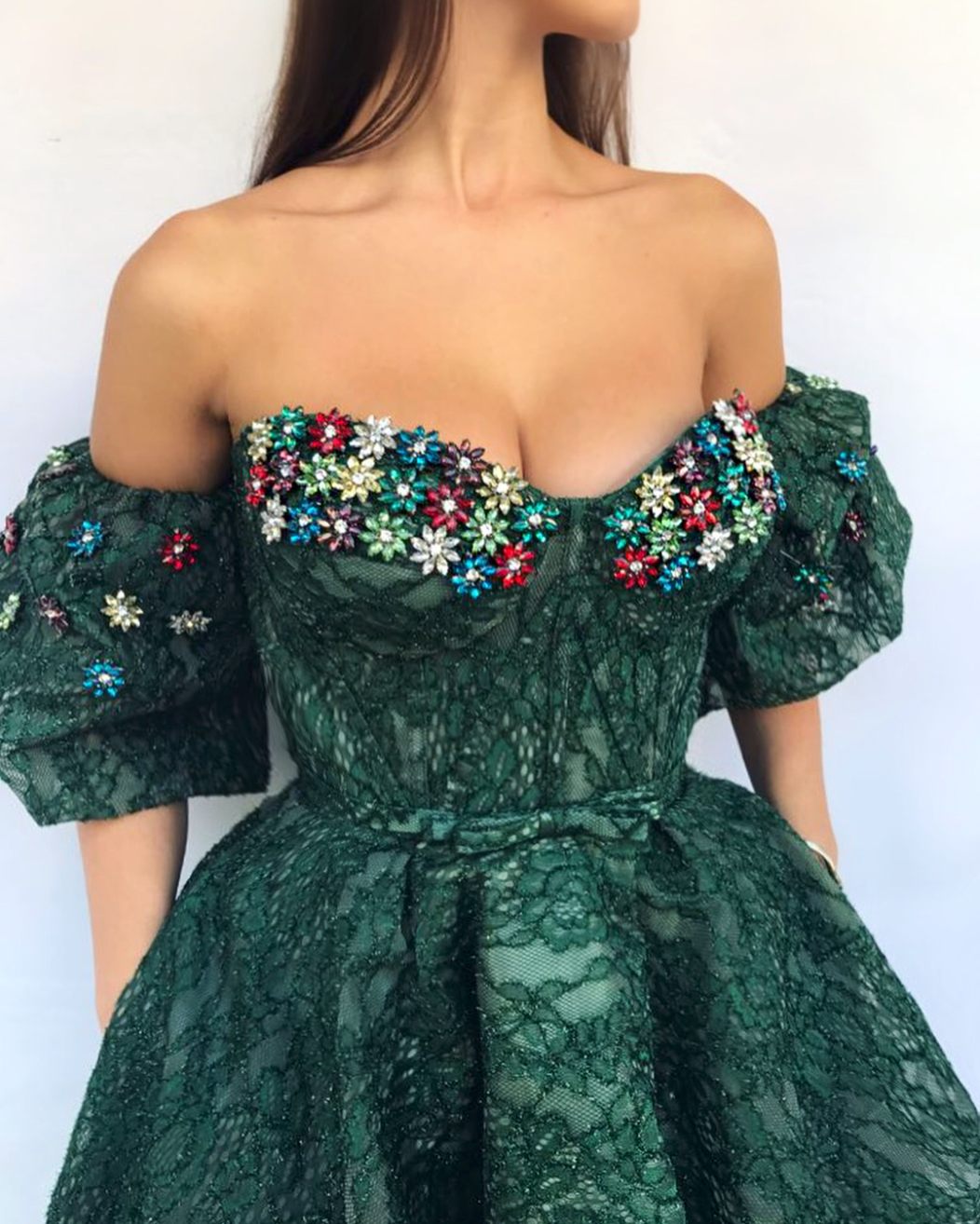 Green A-Line dress with short off the shoulder sleeves and embroidery