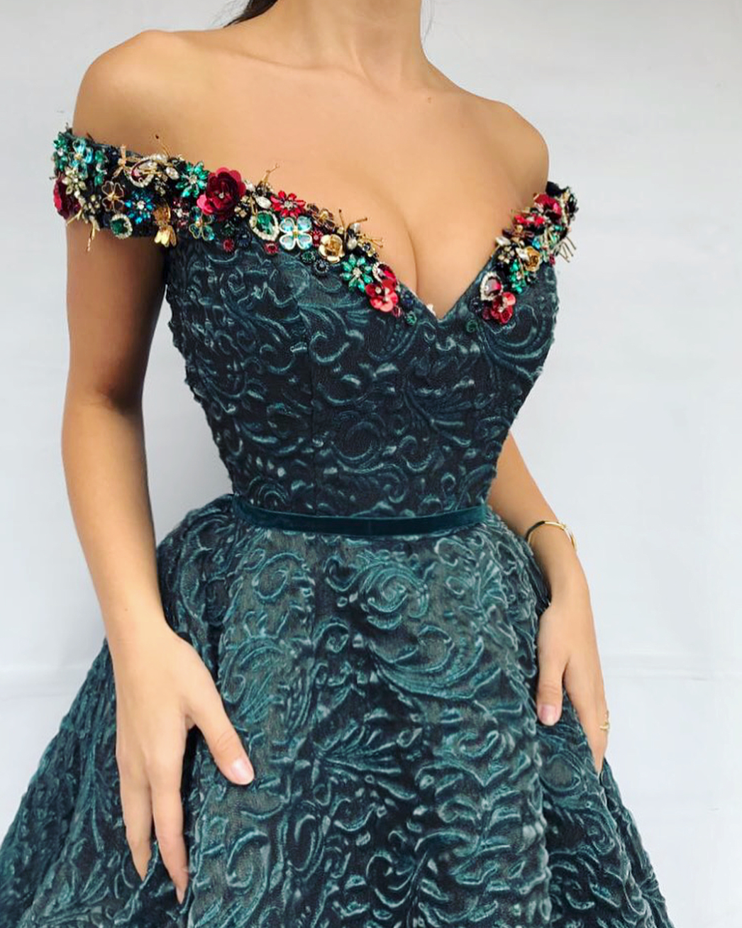 Green A-Line dress with off the shoulder sleeves and embroidery