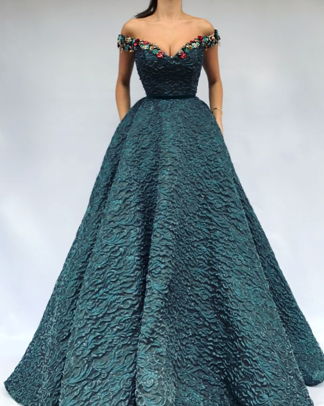 Green A-Line dress with off the shoulder sleeves and embroidery