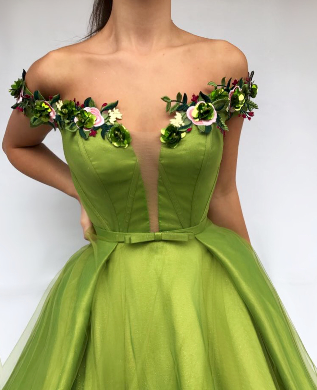 Green A-Line dress with off the shoulder sleeves and embroidery