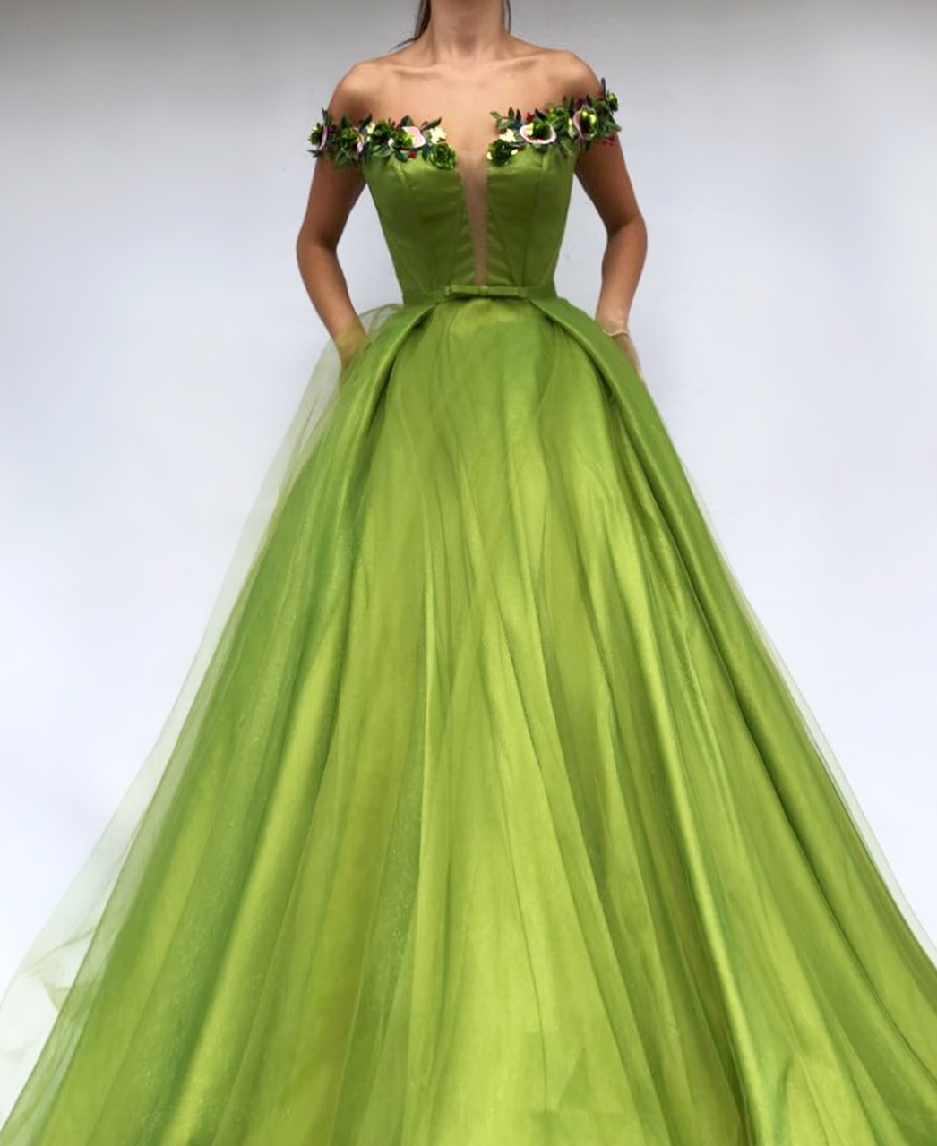 Green A-Line dress with off the shoulder sleeves and embroidery