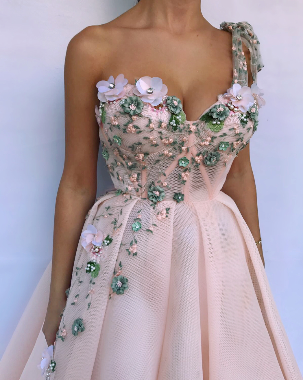 Pink A-Line dress with embroidery and one strap