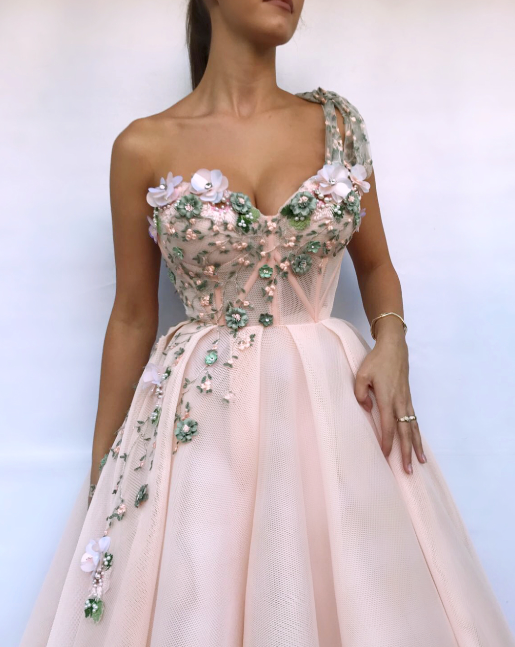 Pink A-Line dress with embroidery and one strap