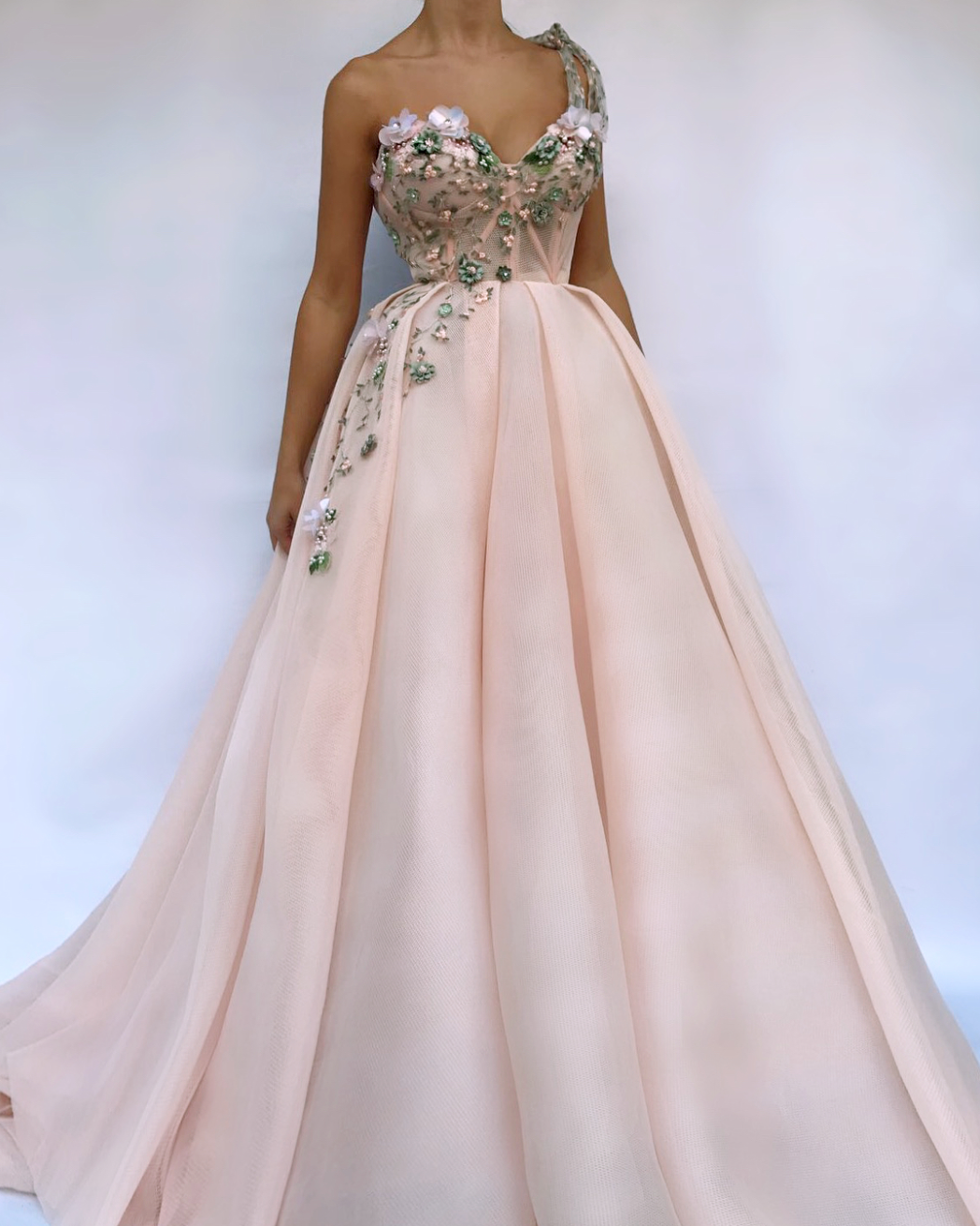 Pink A-Line dress with embroidery and one strap