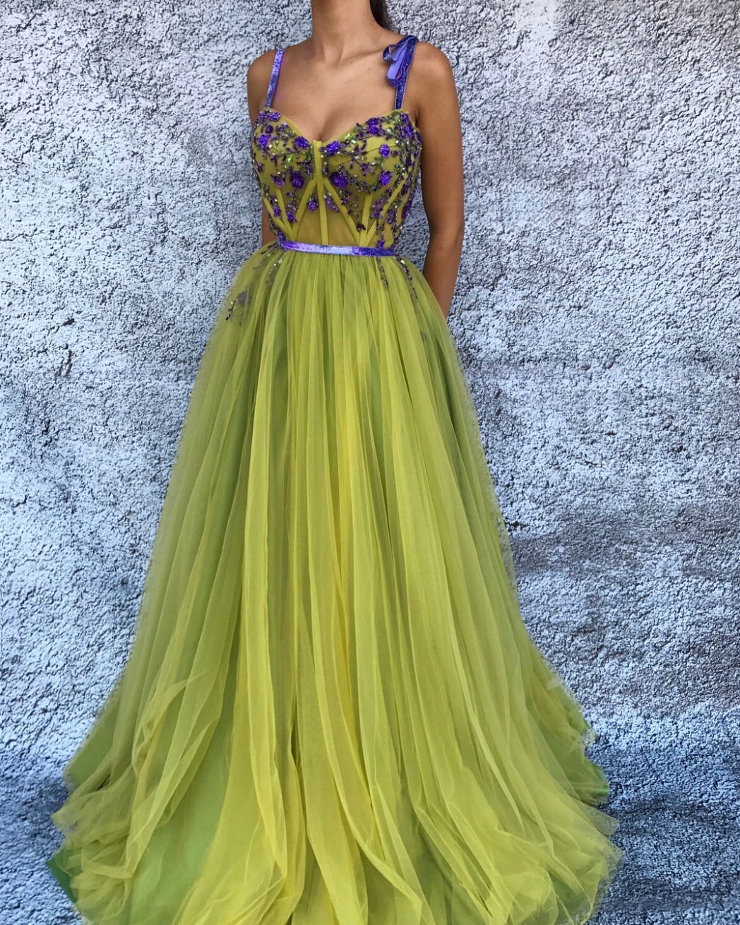 Yellow A-Line dress with spaghetti straps and embroidery