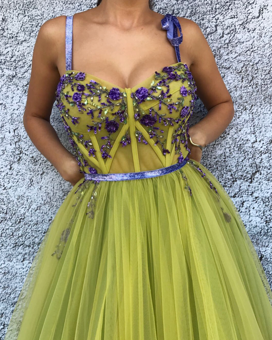 Yellow A-Line dress with spaghetti straps and embroidery