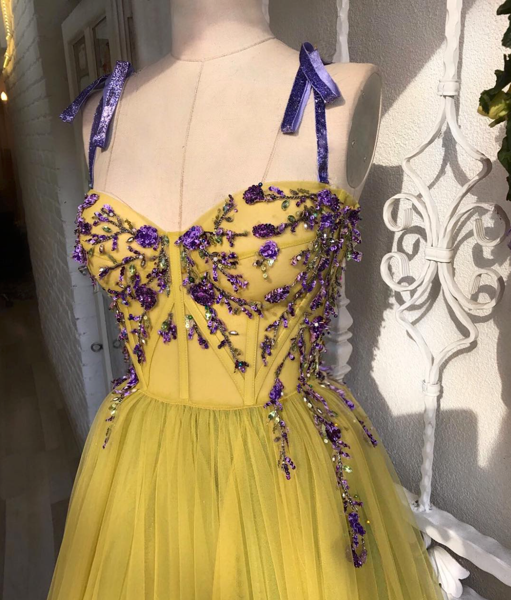 Yellow A-Line dress with spaghetti straps and embroidery