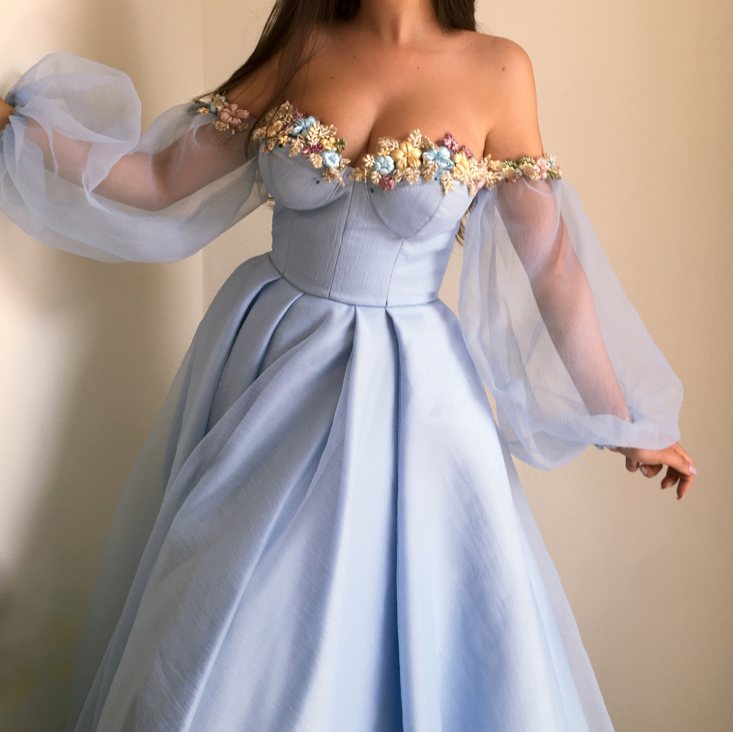 Blue A-Line dress with long off the shoulder sleeves and embroidery