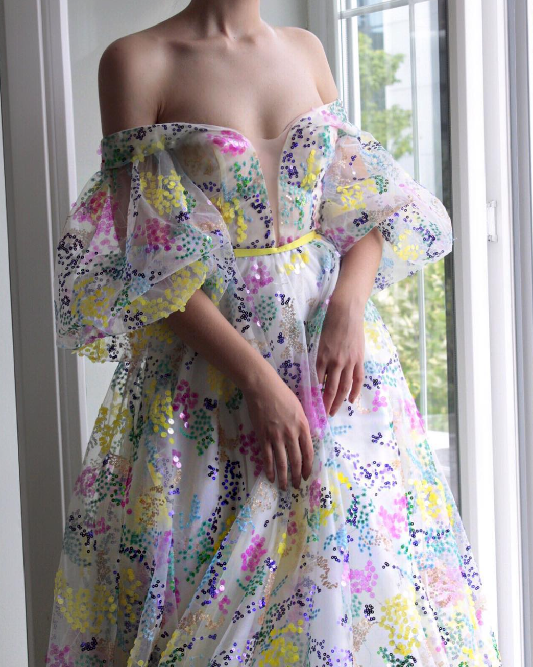 Colorful A-Line dress with embroidery and off the shoulder sleeves