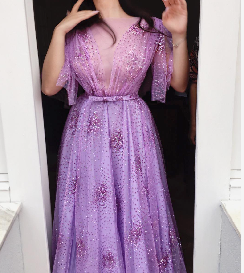 Purple A-Line dress with short sleeves