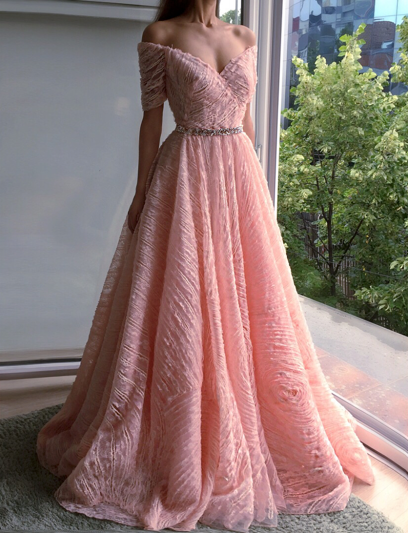 Pink A-Line dress with off the shoulder sleeves and embroidery