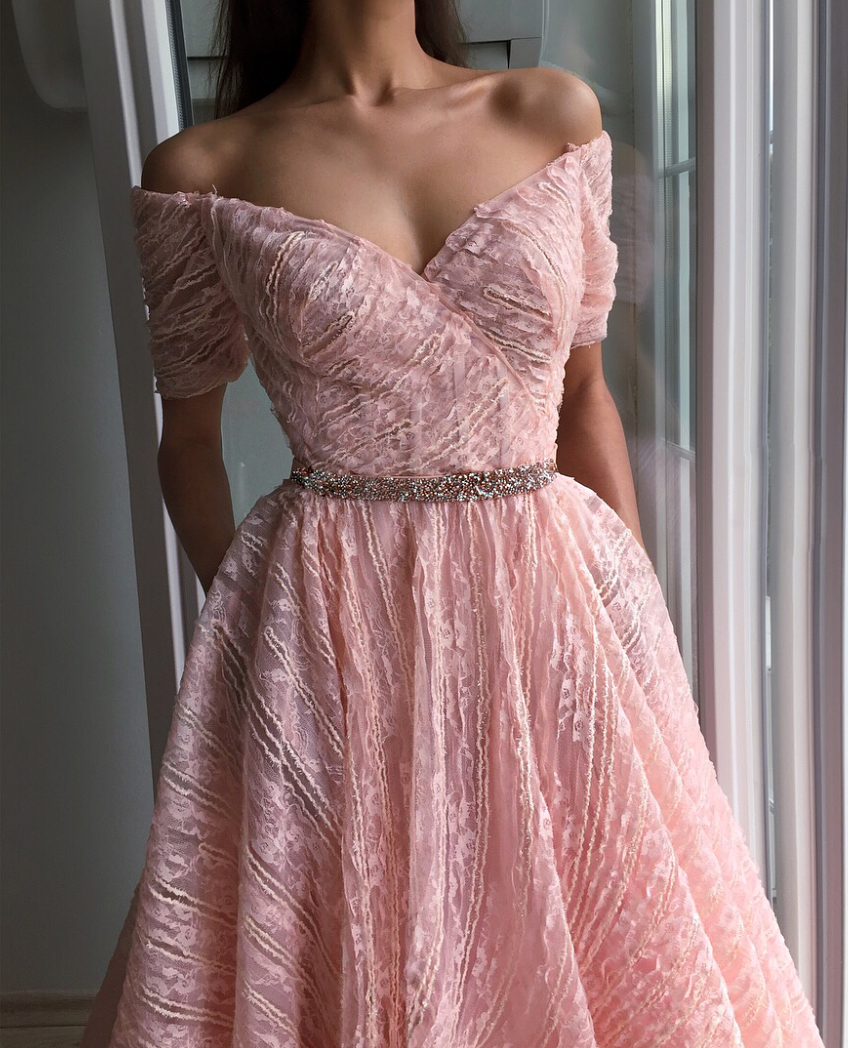 Pink A-Line dress with off the shoulder sleeves and embroidery