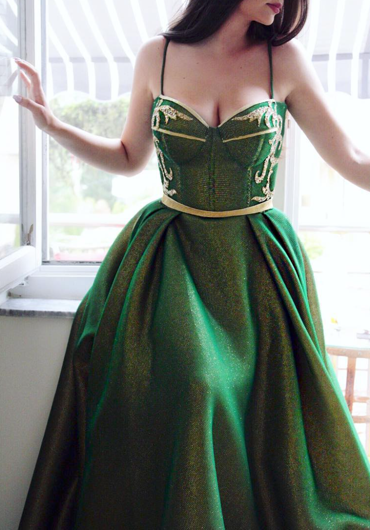 Green A-Line dress with spaghetti straps and embroidery