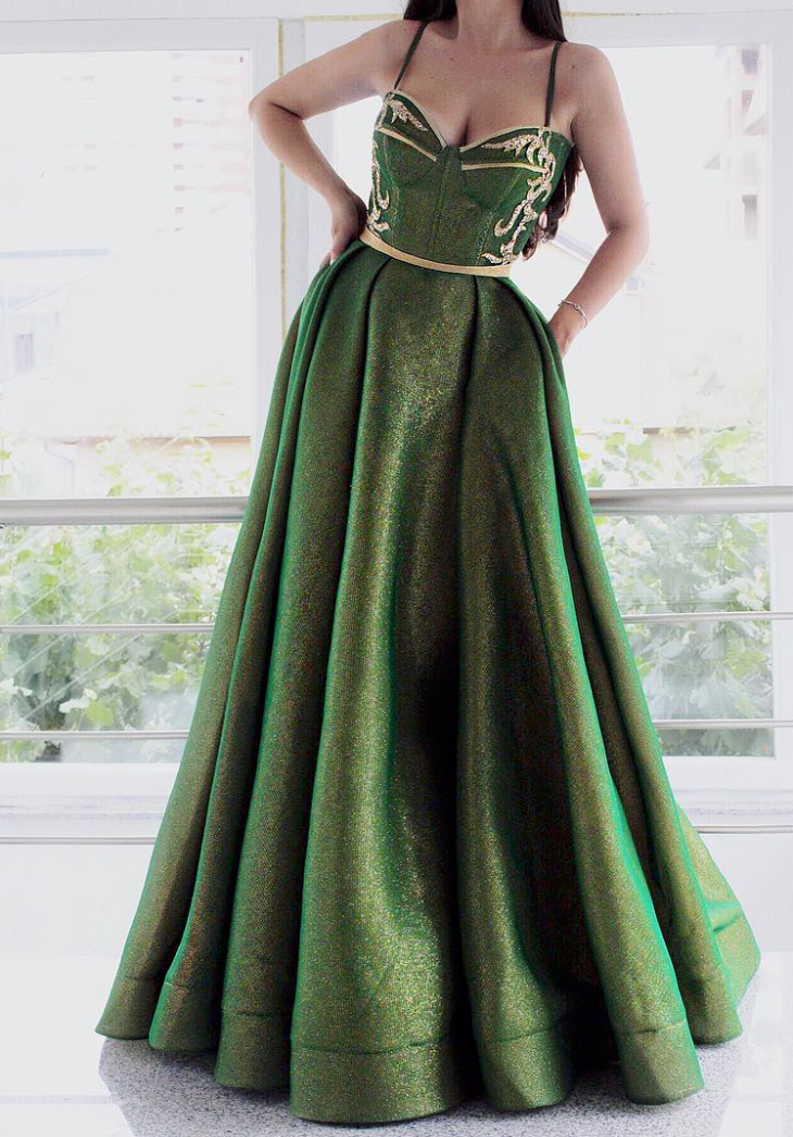 Green A-Line dress with spaghetti straps and embroidery
