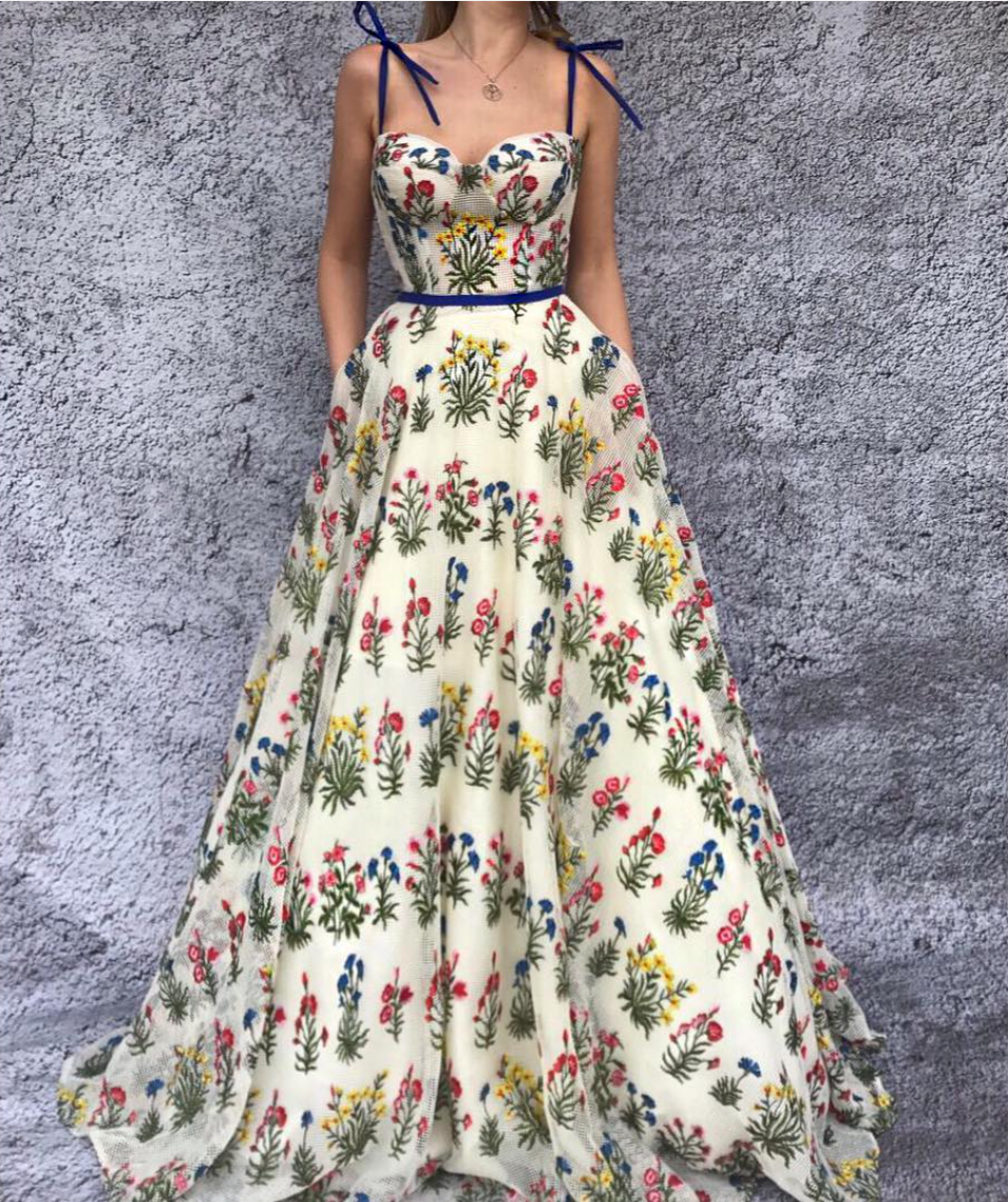 Colorful A-Line dress with spaghetti straps and embroidery