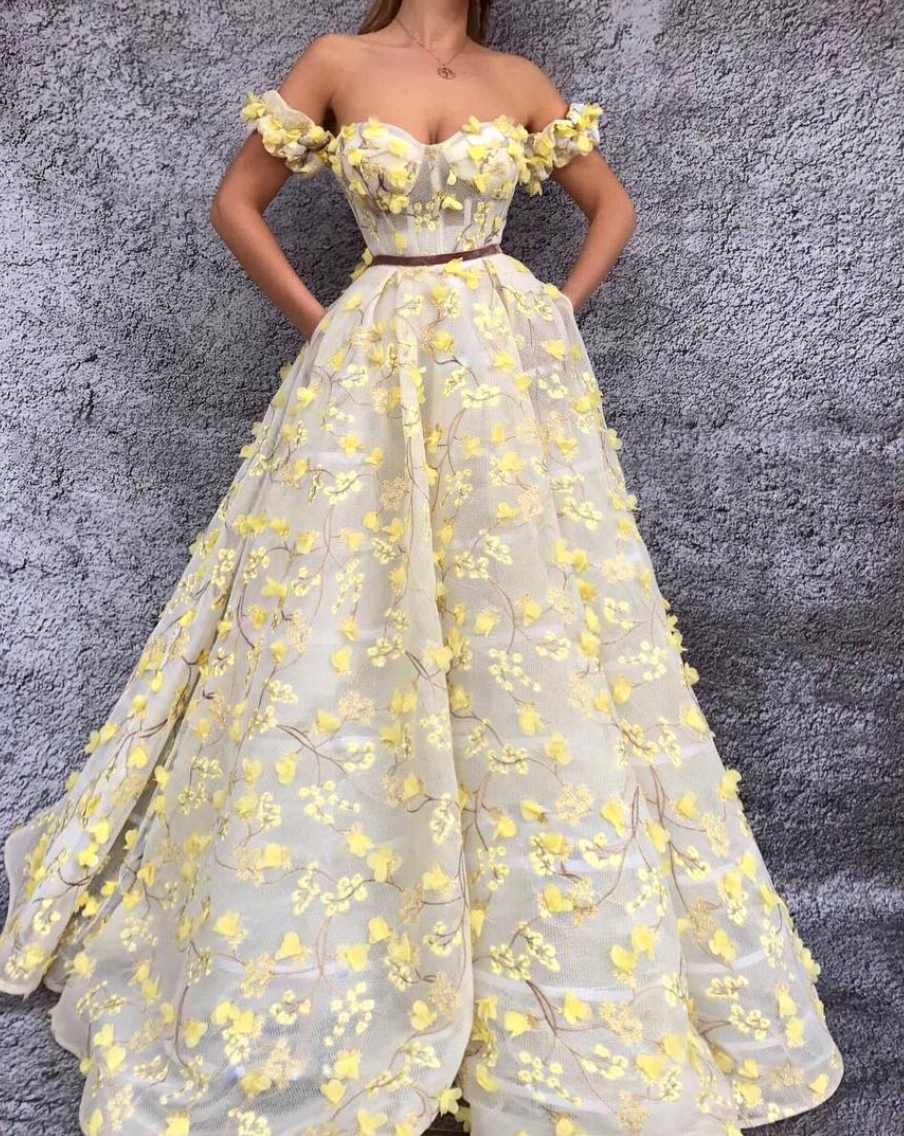 Yellow A-Line dress with off the shoulder sleeves