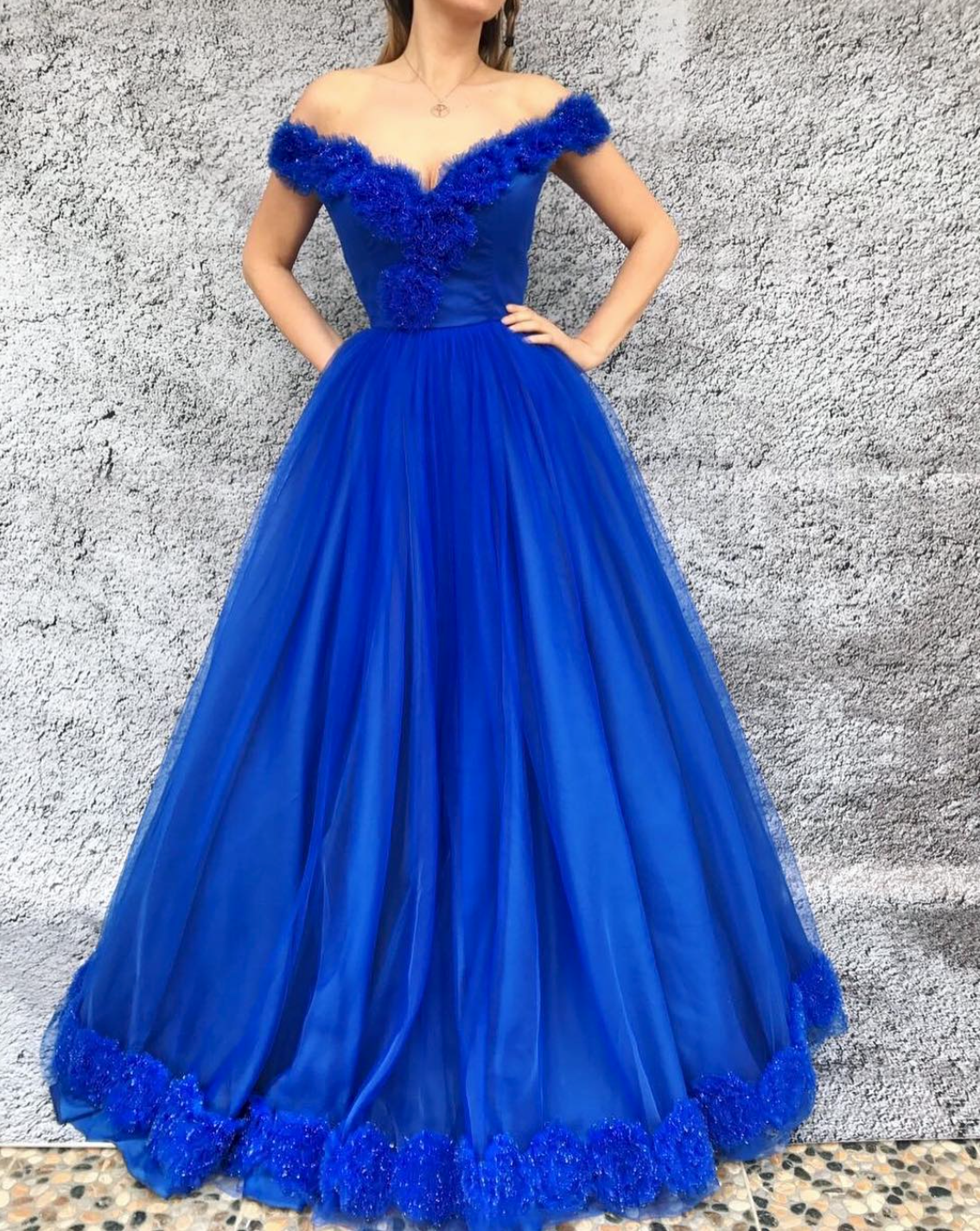 Blue A-Line dress with off the shoulder sleeves and embroidery