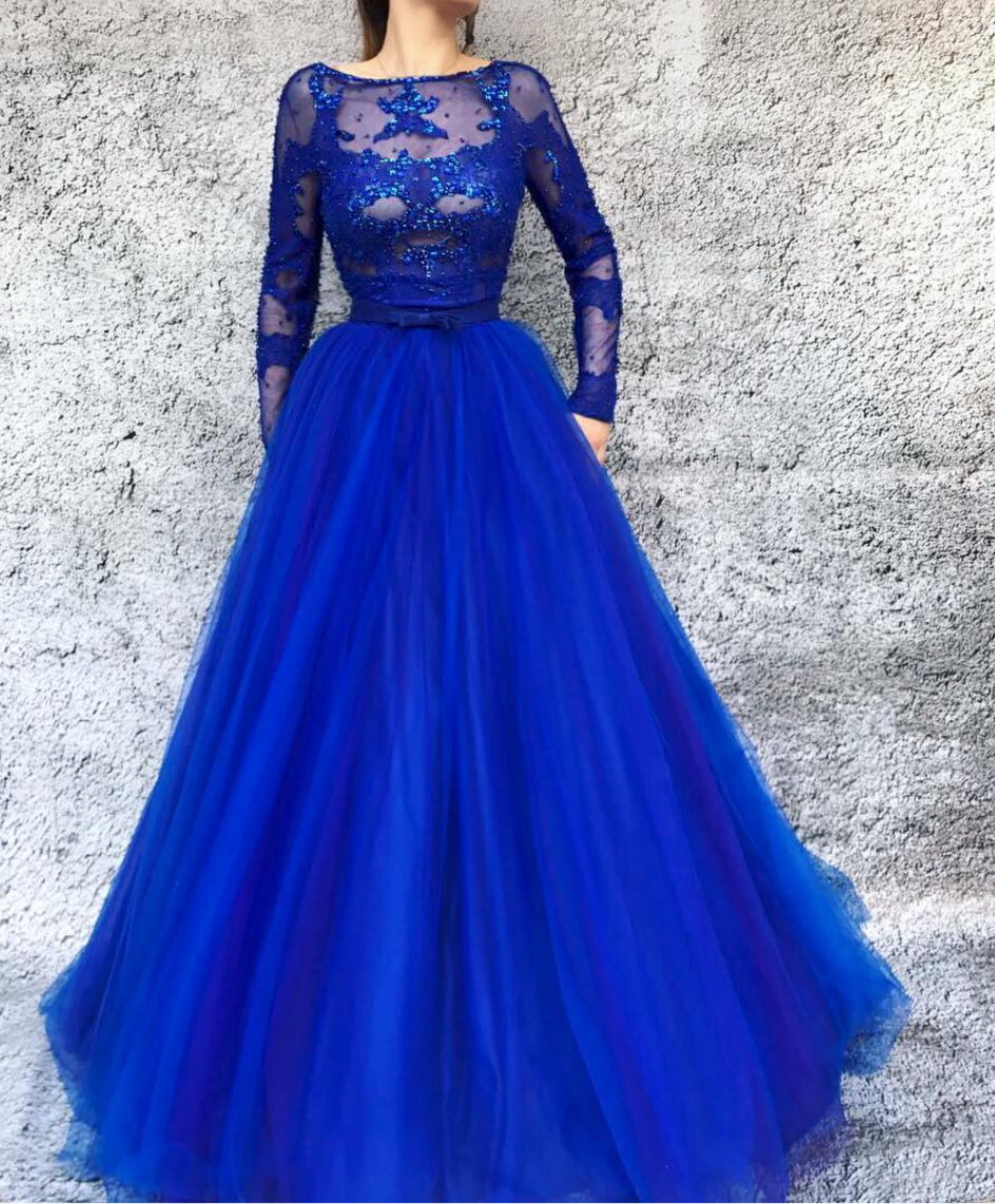 Blue A-Line dress with long sleeves and embroidery