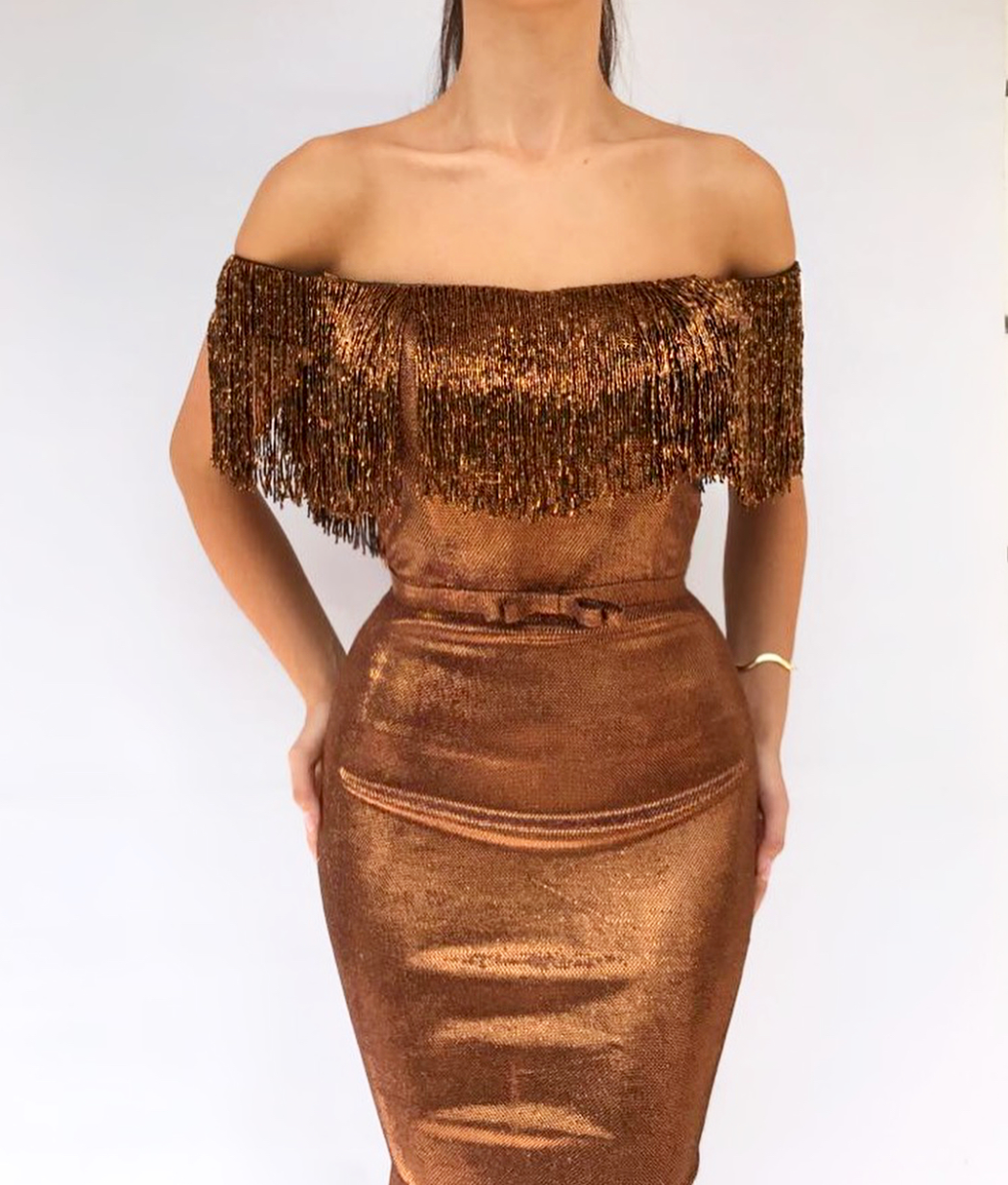 Brown mermaid dress with off the shoulder sleeves