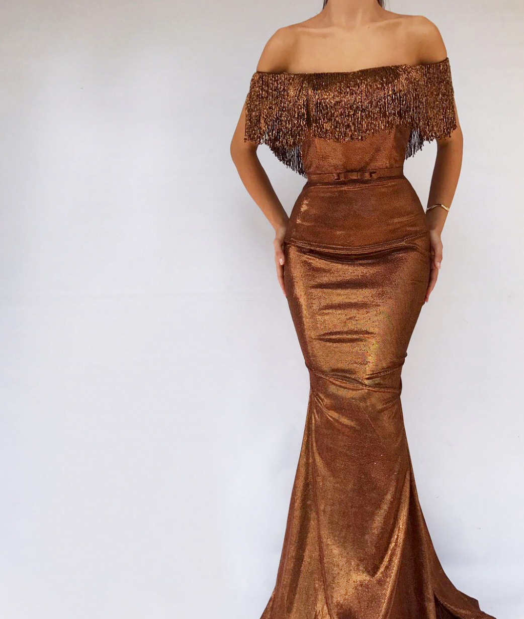 Brown mermaid dress with off the shoulder sleeves