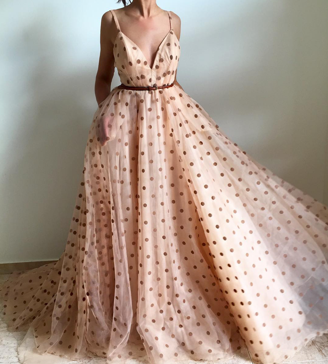 Beige A-Line dotted dress with spaghetti straps