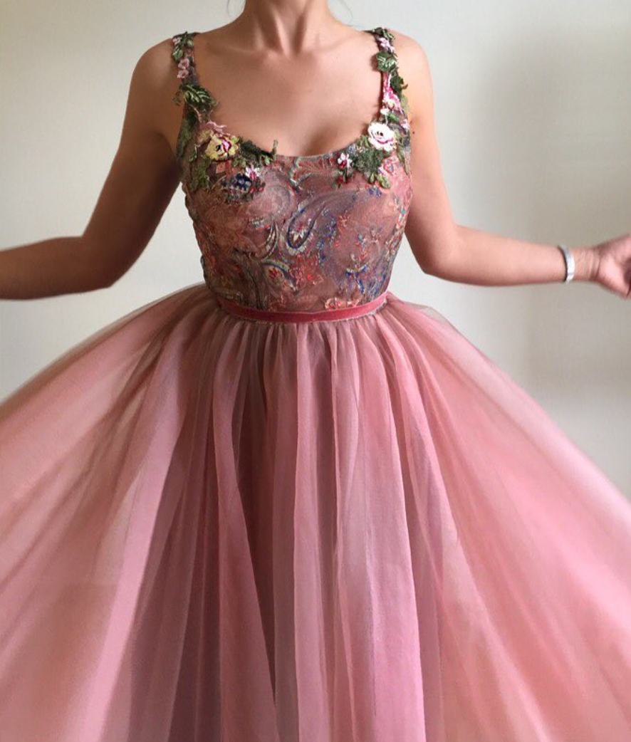 Pink A-Line dress with straps and embroidery