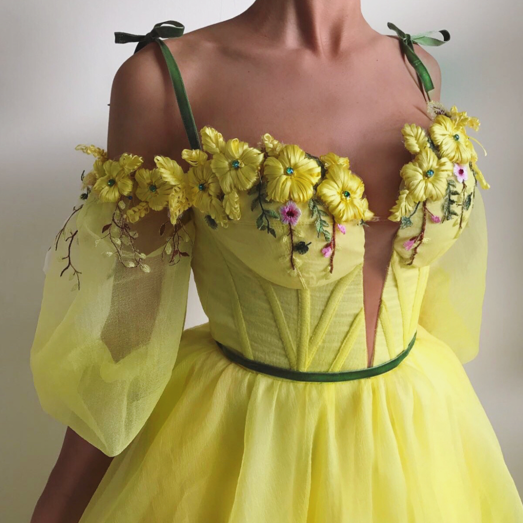 Yellow A-Line dress with spaghetti straps, off the shoulder sleeves and embroidery
