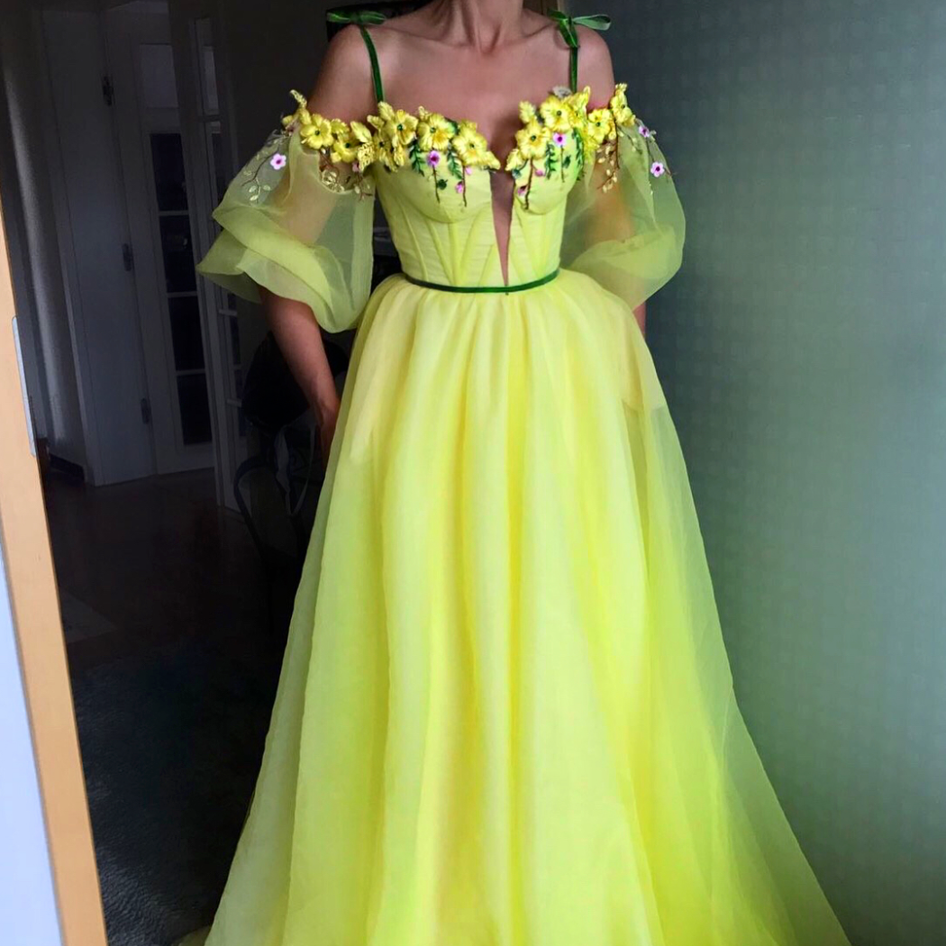 Yellow A-Line dress with spaghetti straps, off the shoulder sleeves and embroidery