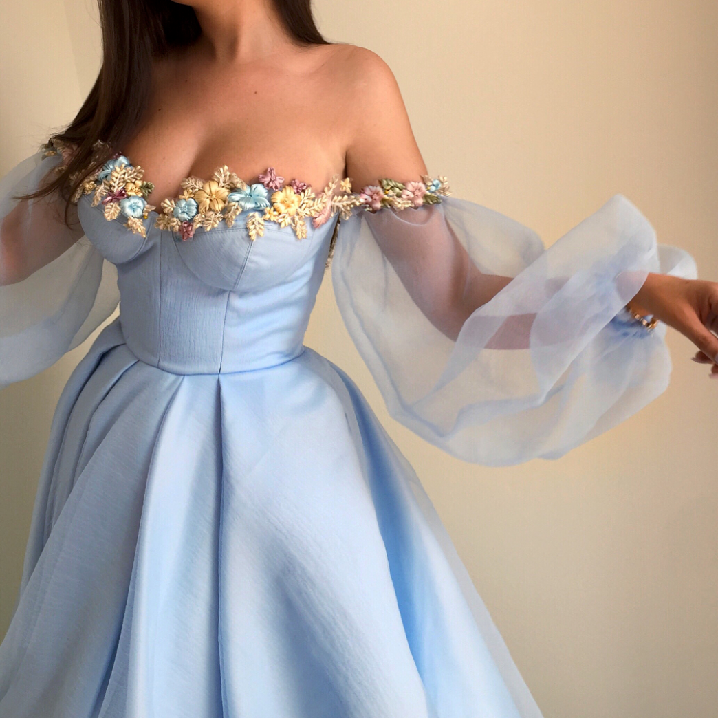 Blue A-Line dress with long off the shoulder sleeves and embroidery