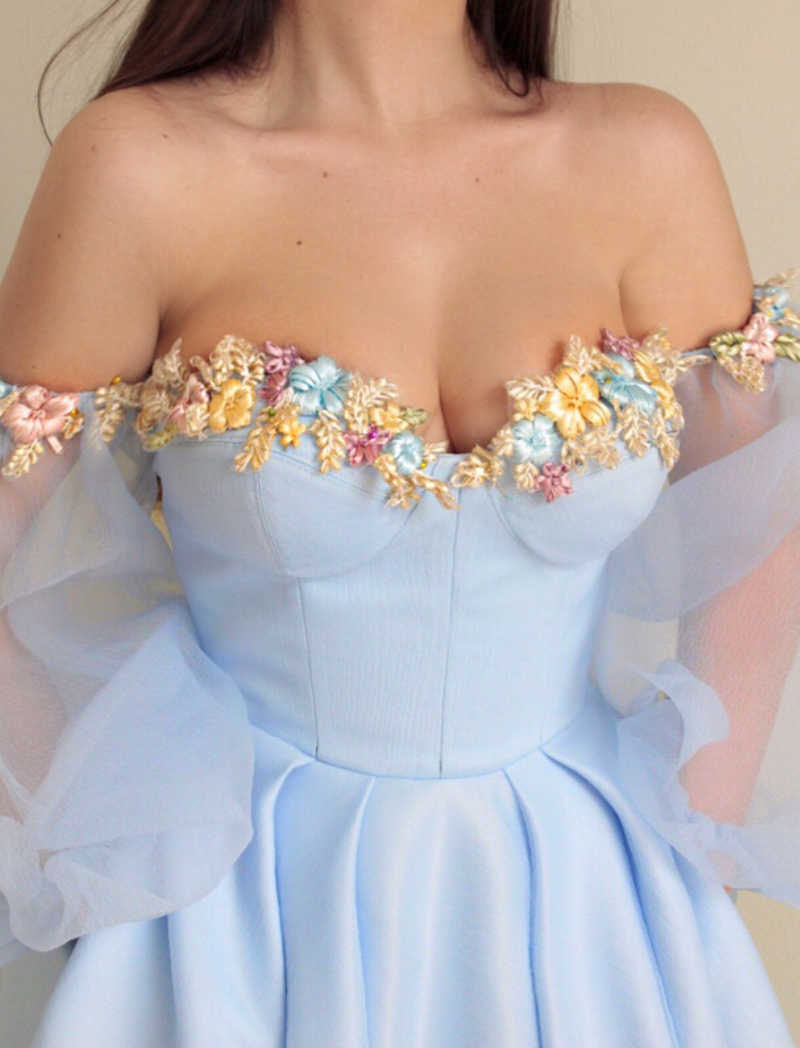 Blue A-Line dress with long off the shoulder sleeves and embroidery
