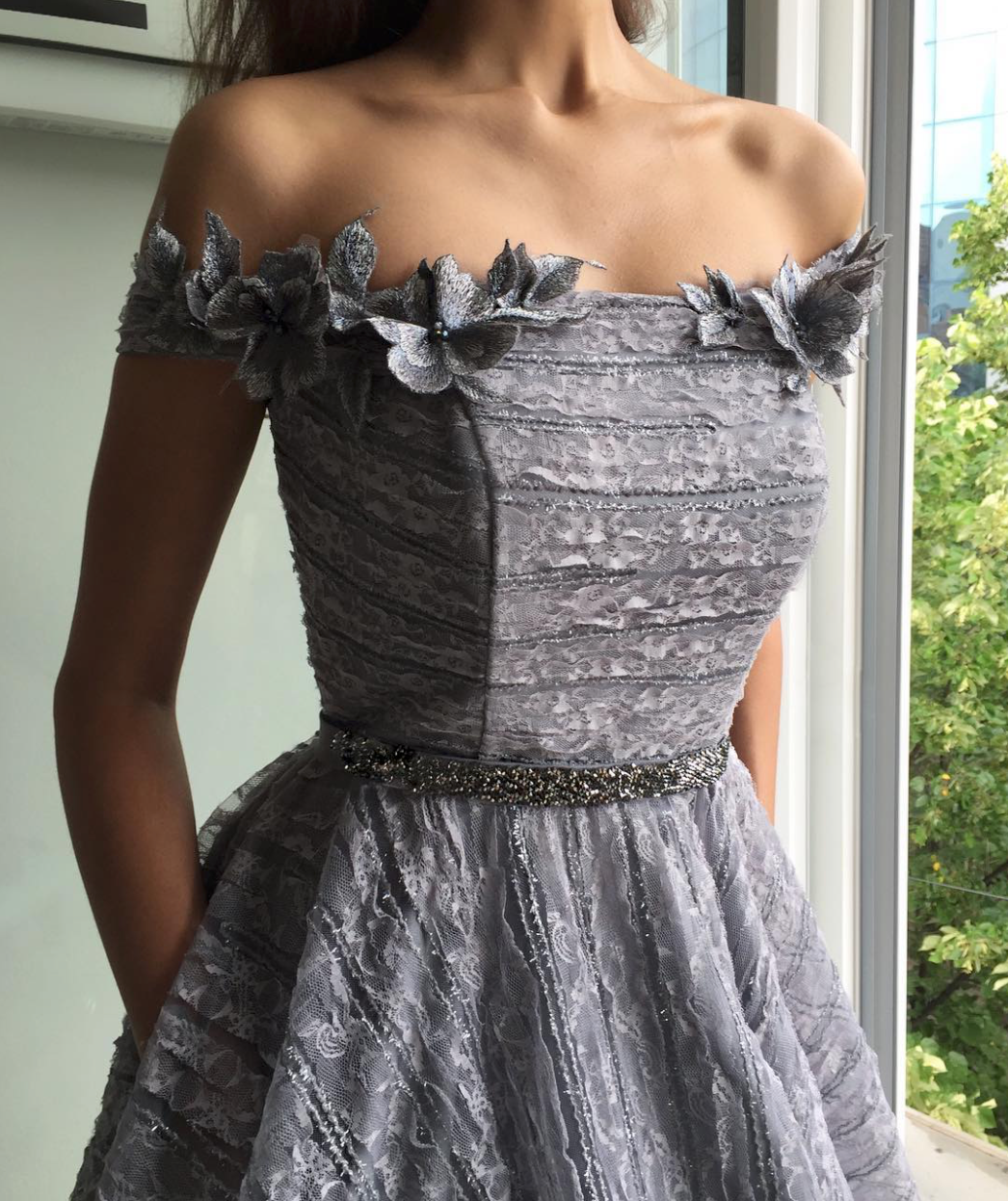 Grey A-Line dress with off the shoulder sleeves and embroidery