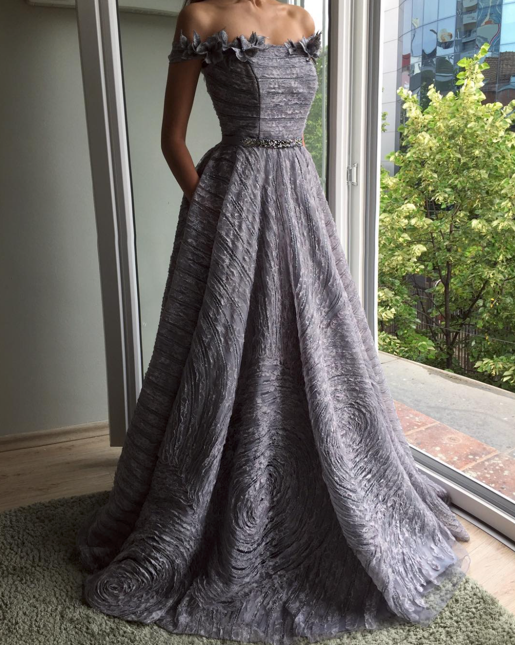 Grey A-Line dress with off the shoulder sleeves and embroidery