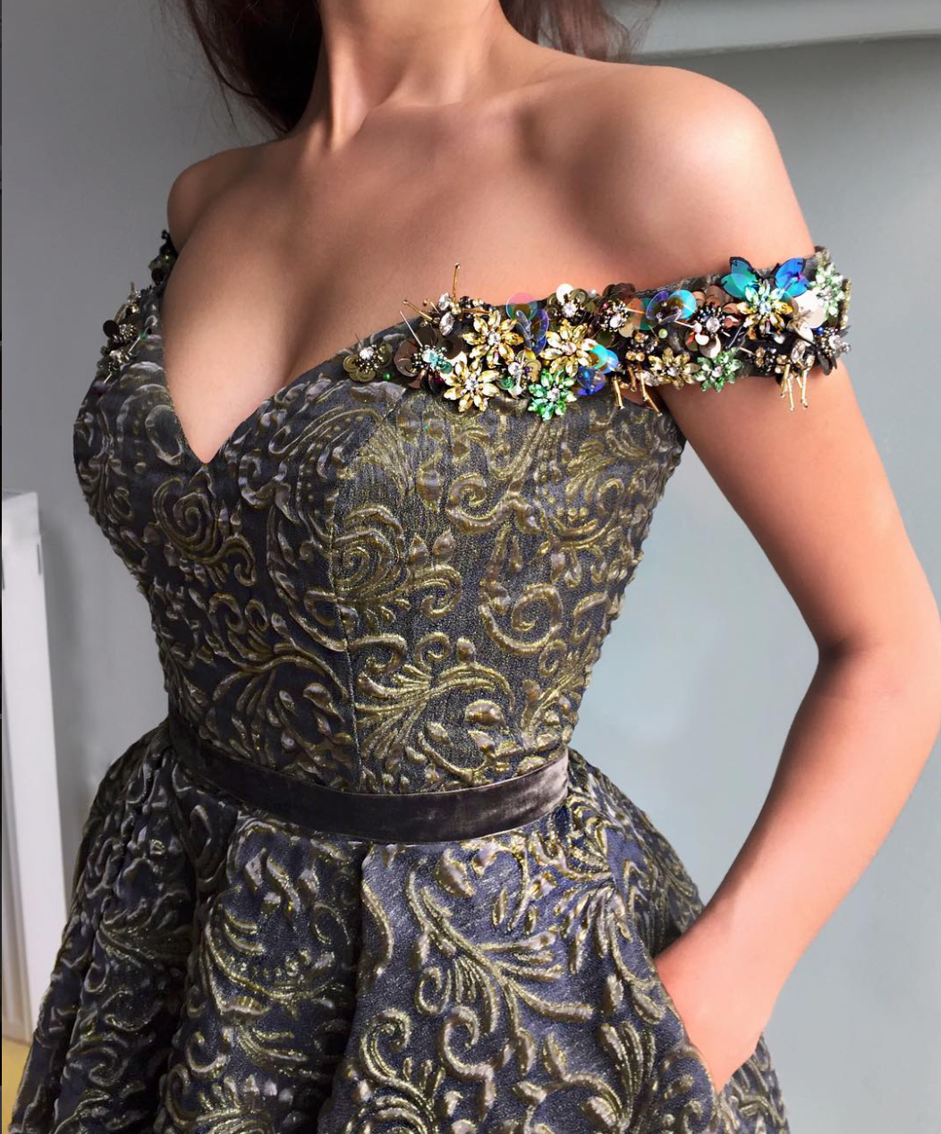 Green A-Line dress with off the shoulder sleeves and embroidery
