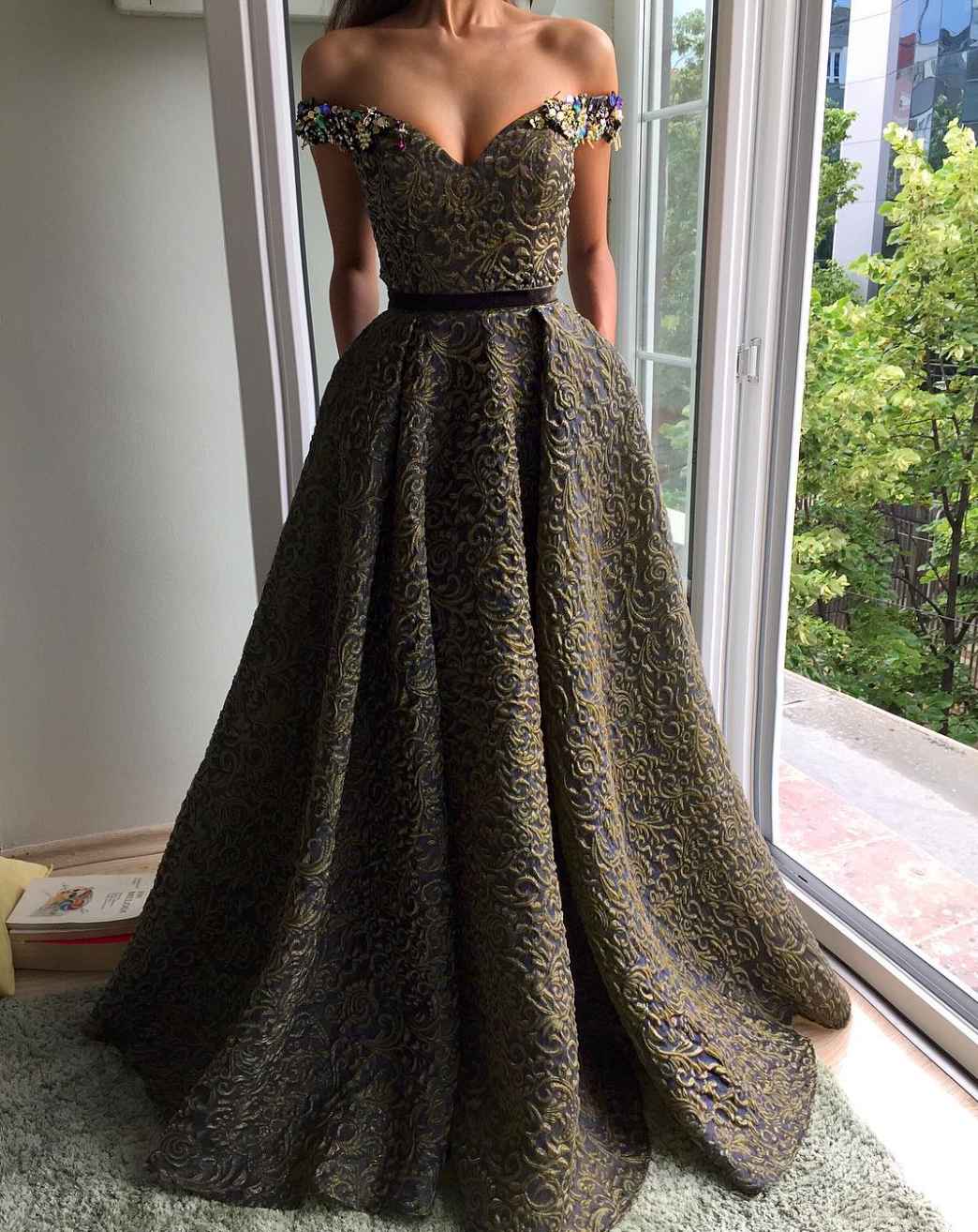 Green A-Line dress with off the shoulder sleeves and embroidery
