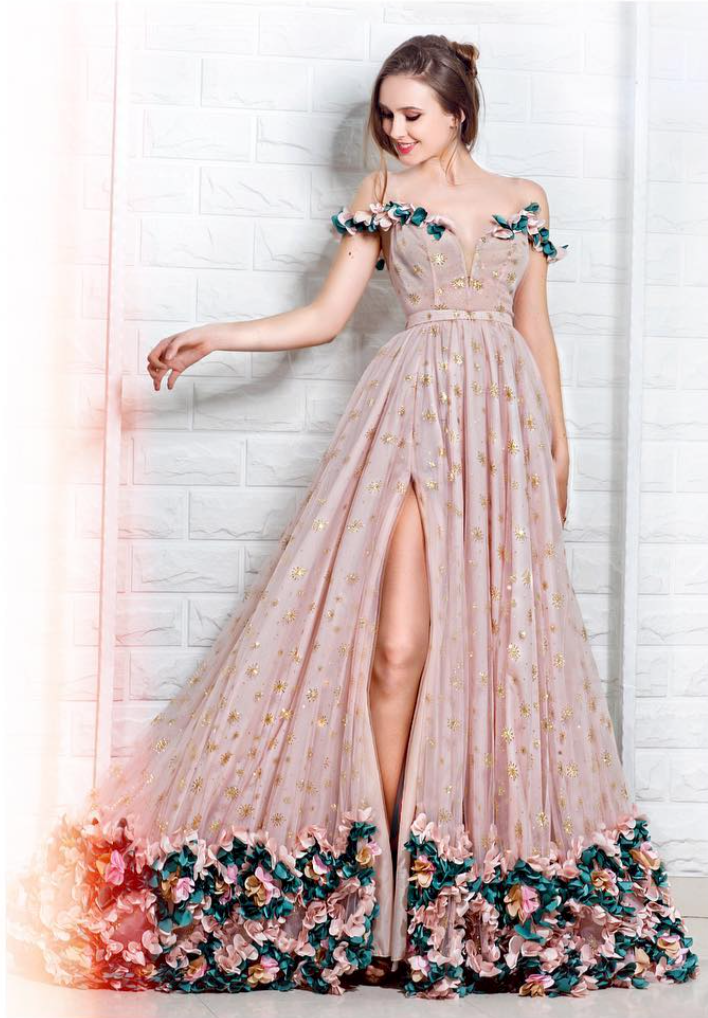 Pink A-Line dress with off the shoulder sleeves and embroidery