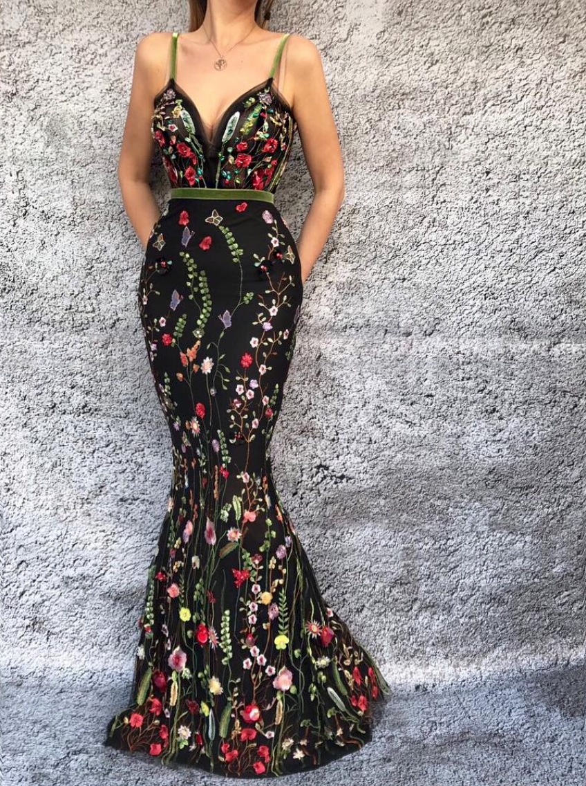 Black mermaid dress with spaghetti straps and embroidery