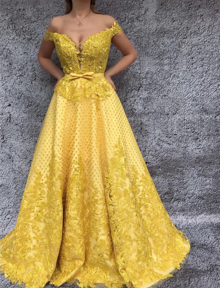 Yellow overskirt dress with lace and off the shoulder sleeves