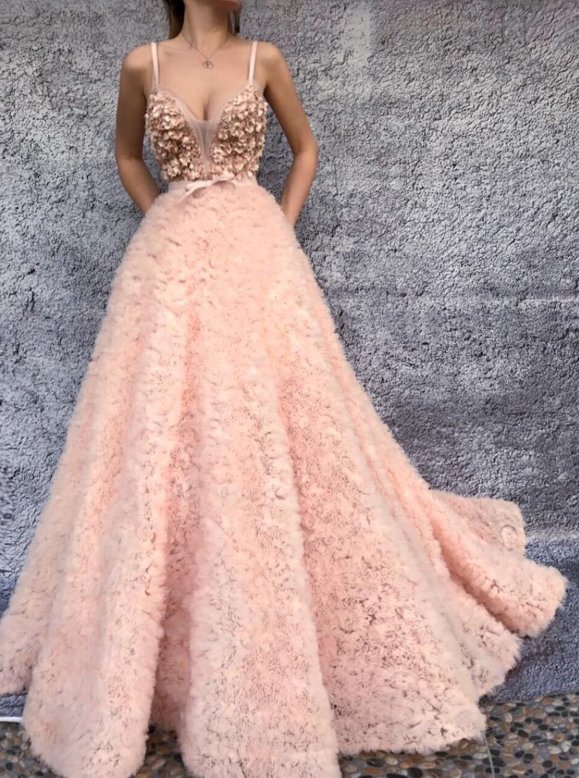 Pink A-Line dress with spaghetti straps and embroidery