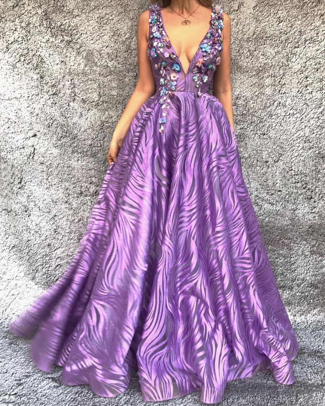 Purple A-Line dress with no sleeves, v-neck and embroidery