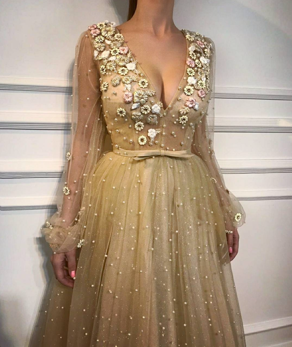 Gold A-Line dress with long sleeves, v-neck, beading and embroidery