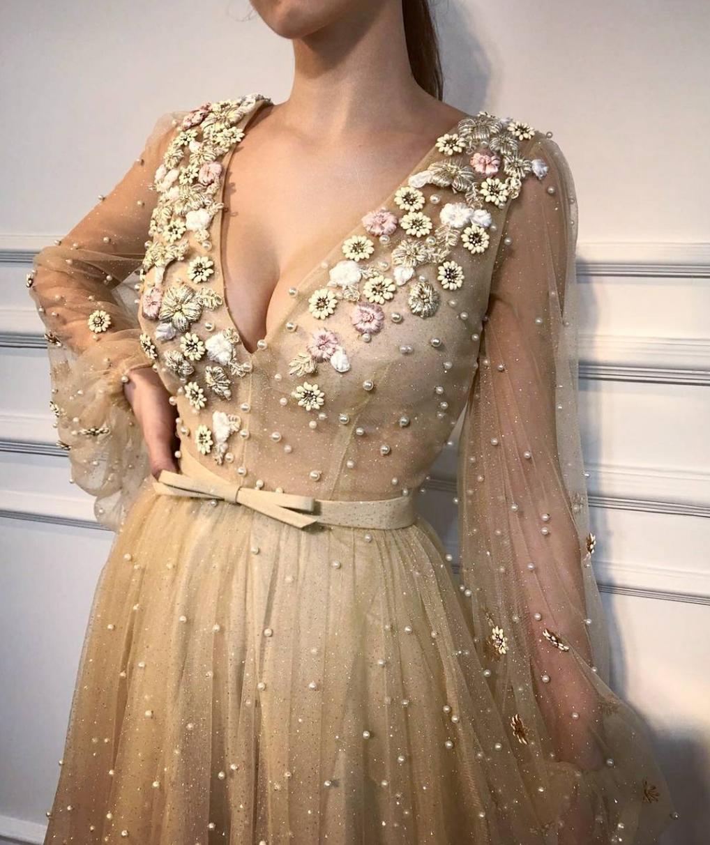 Gold A-Line dress with long sleeves, v-neck, beading and embroidery