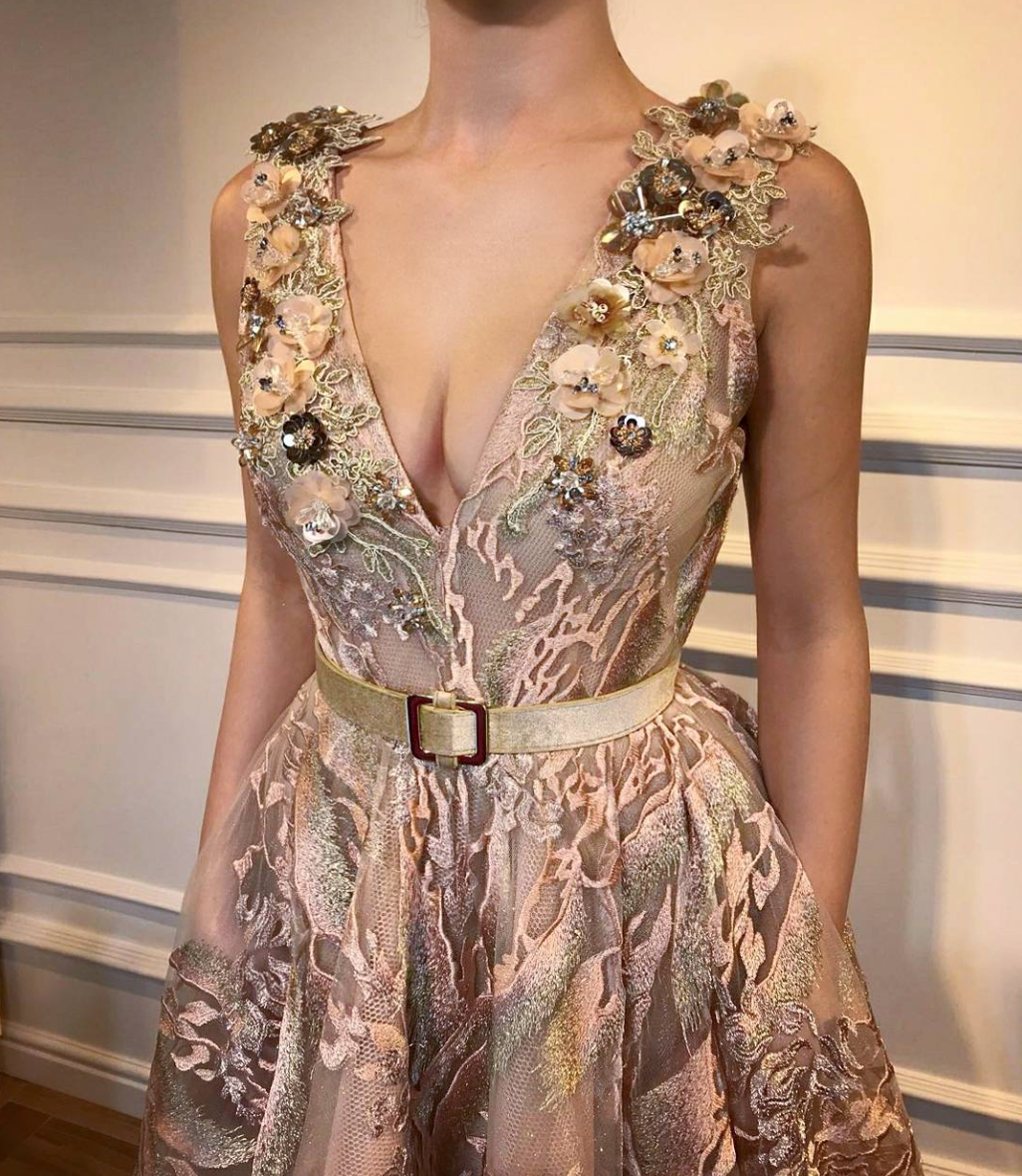 Beige A-Line dress with lace, embroidery, v-neck and no sleeves