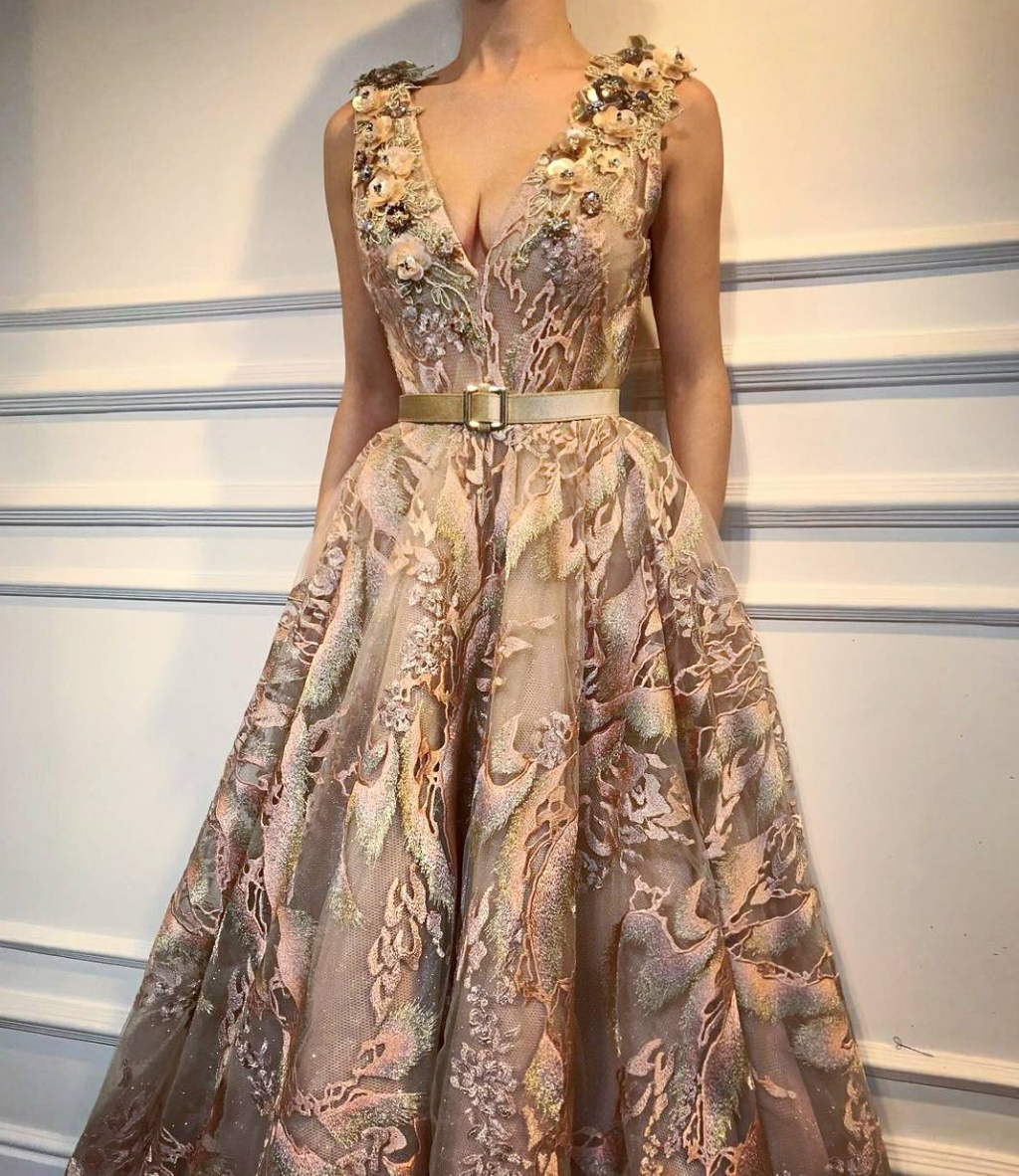 Beige A-Line dress with lace, embroidery, v-neck and no sleeves