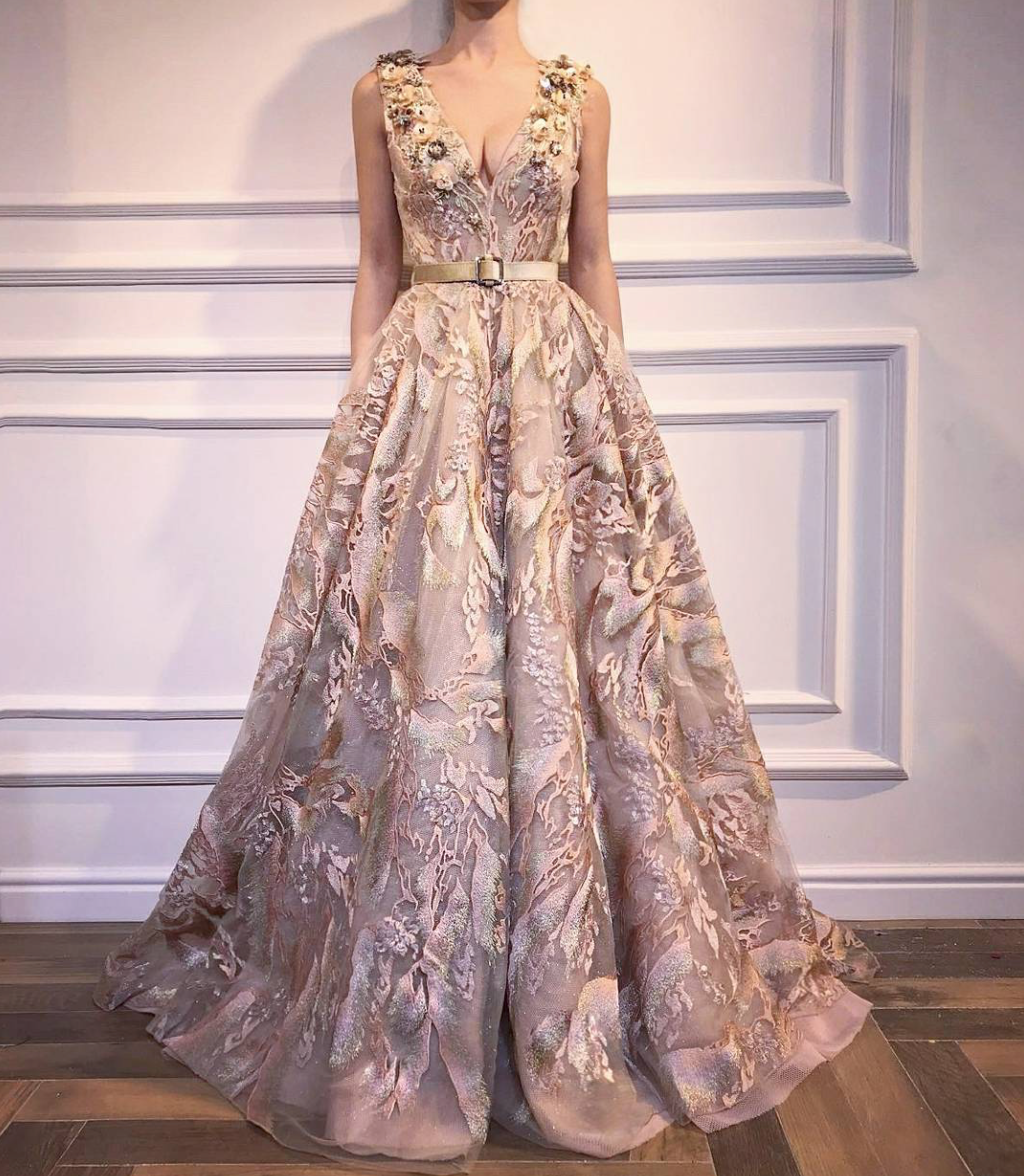Beige A-Line dress with lace, embroidery, v-neck and no sleeves